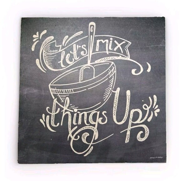 "Lets Mix Things Up" Whisk Bowl Baking Canvas Wall Art Kitchen Decor Wood 12x12" - Picture 1 of 9